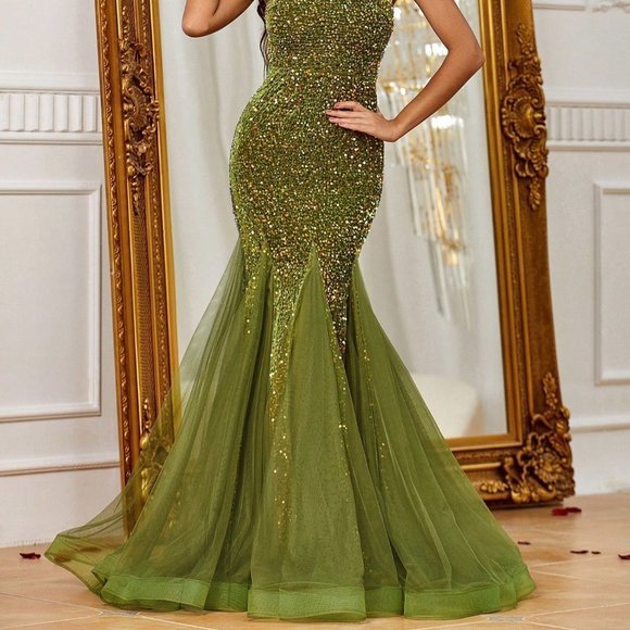 Olive Preppy Womens One Shoulder Sequin Formal Dress - Picture 4 of 5